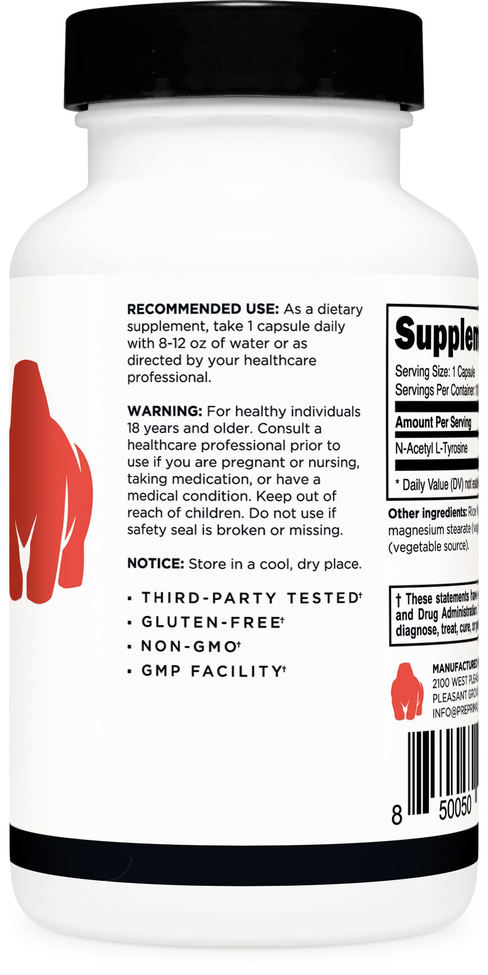 Primal N-Acetyl L-Tyrosine Capsules 350mg bottle with label