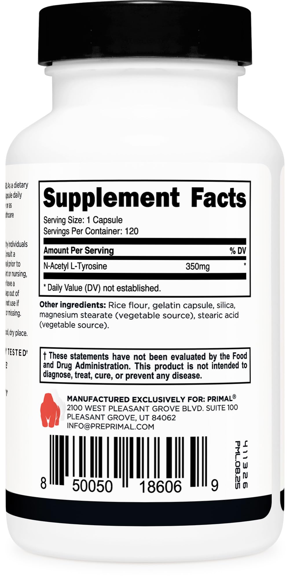 Primal N-Acetyl L-Tyrosine Capsules 350mg capsules close-up