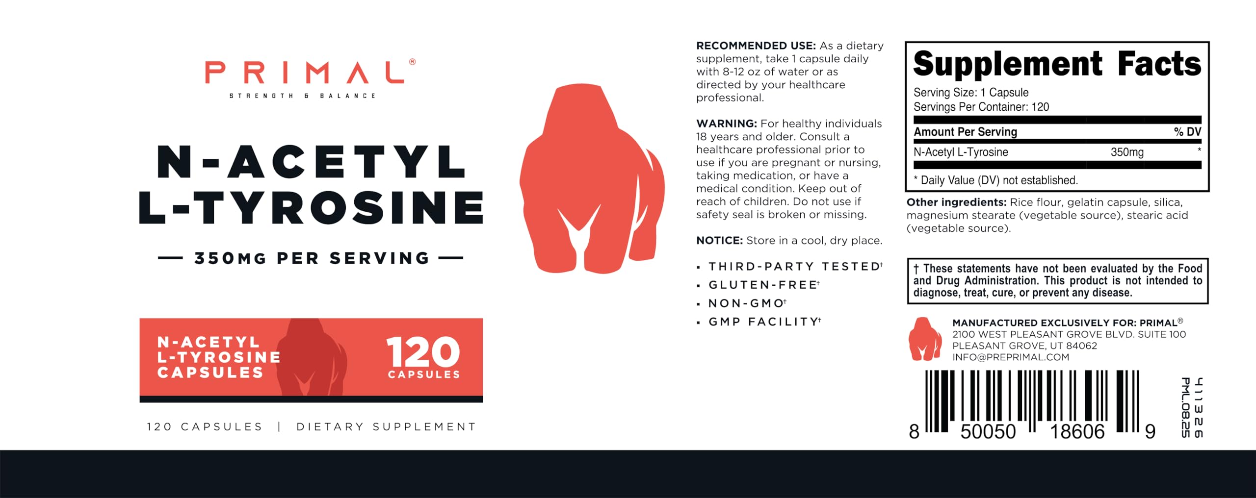 Primal N-Acetyl L-Tyrosine Capsules 350mg on a wooden table