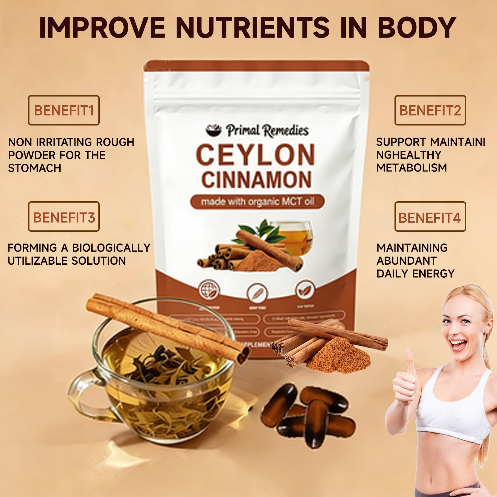 Primal Remedies Ceylon Cinnamon Softgels displayed on a wooden table