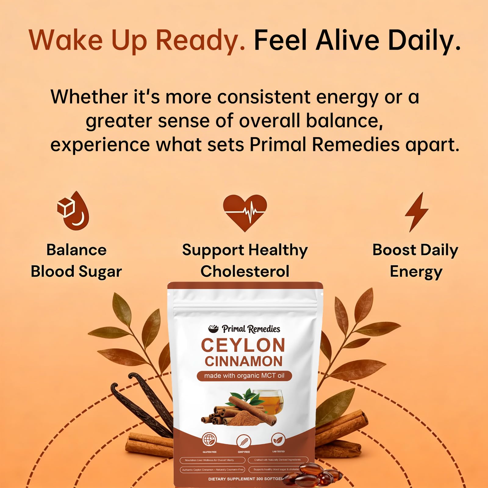 Primal Remedies Ceylon Cinnamon Softgels in a travel pouch