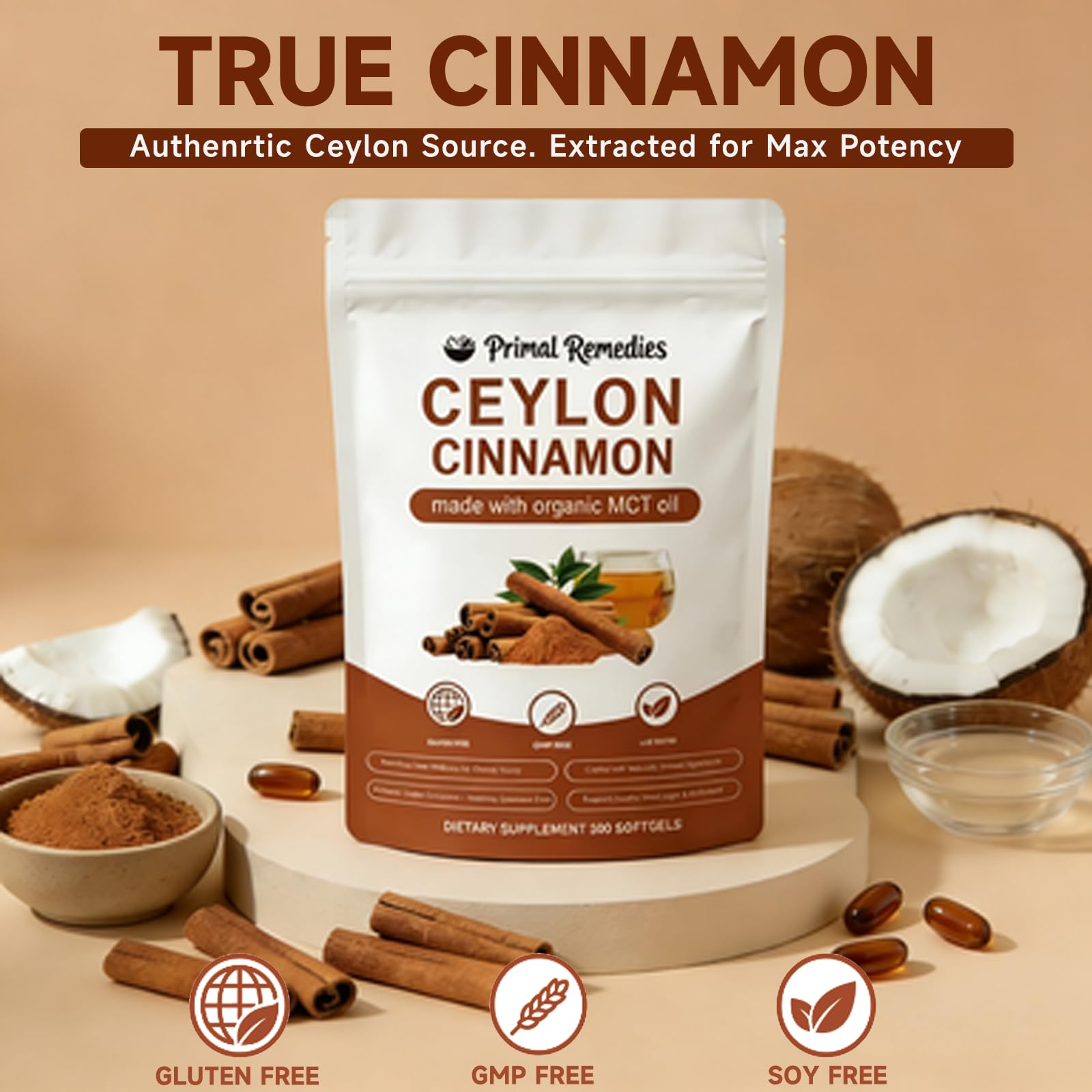 Primal Remedies Ceylon Cinnamon Softgels with a measuring spoon for dosage