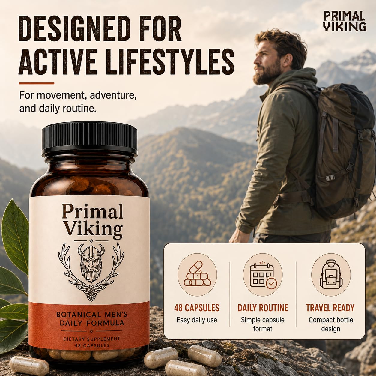 Primal Viking Men’s Daily Supplement bottle with cap open