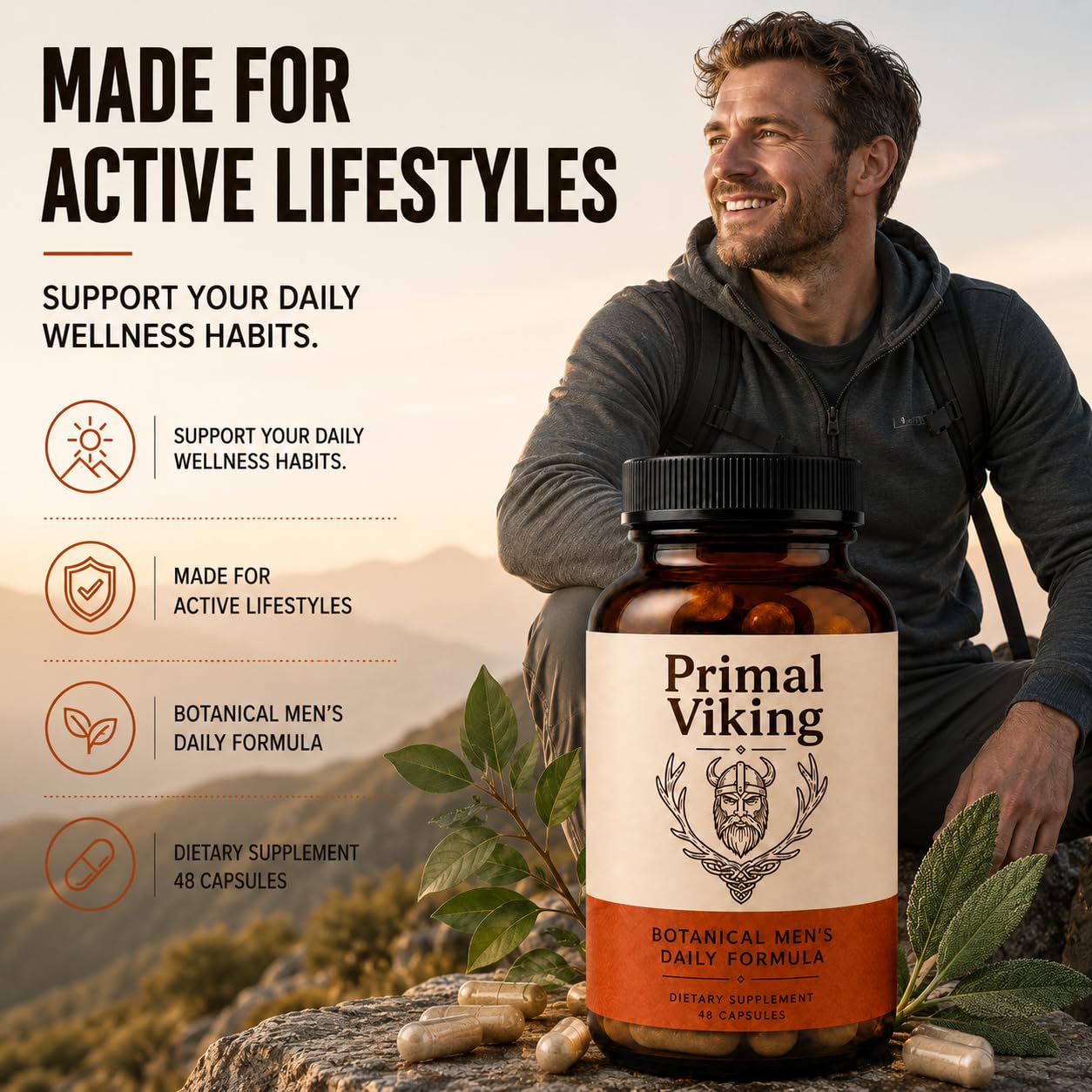 Primal Viking Men’s Daily Supplement bottle with capsules on a table
