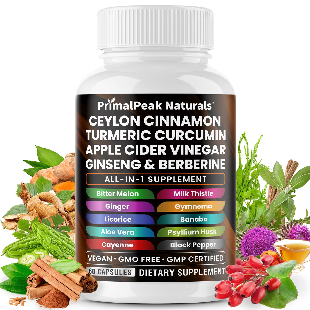 PrimalPeak Naturals Ceylon Cinnamon & ACV capsules front view