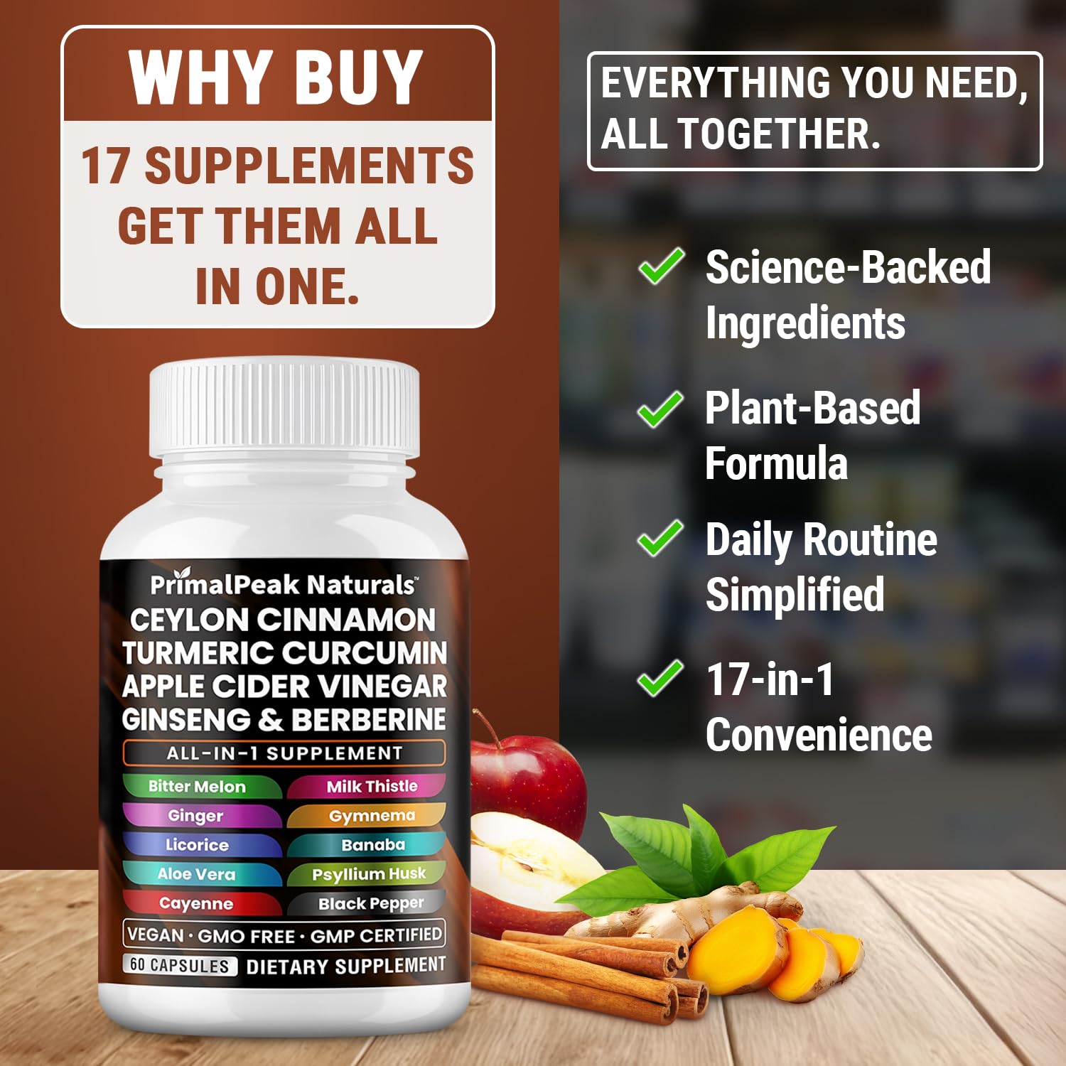 PrimalPeak Naturals Ceylon Cinnamon & ACV capsules on a wooden table