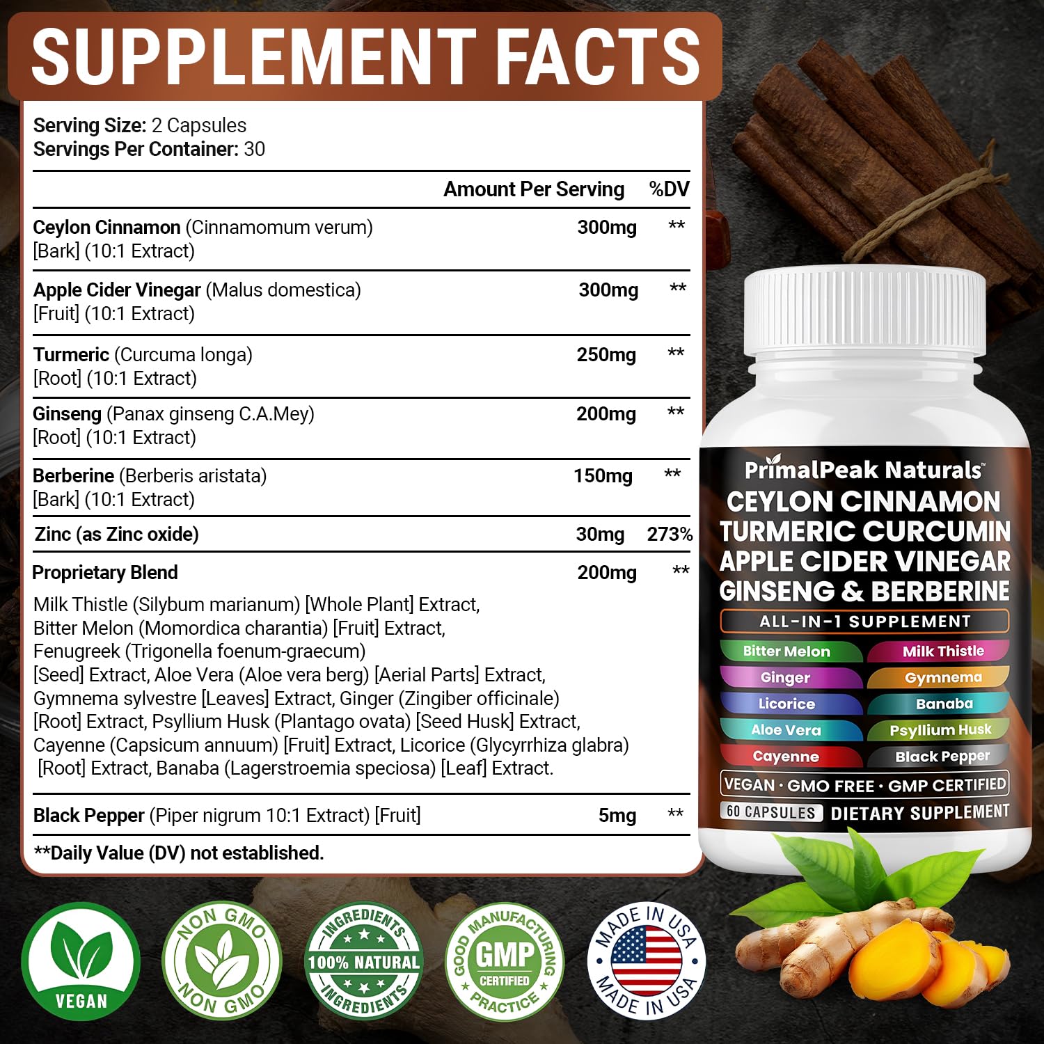 PrimalPeak Naturals Ceylon Cinnamon & ACV capsules packaging