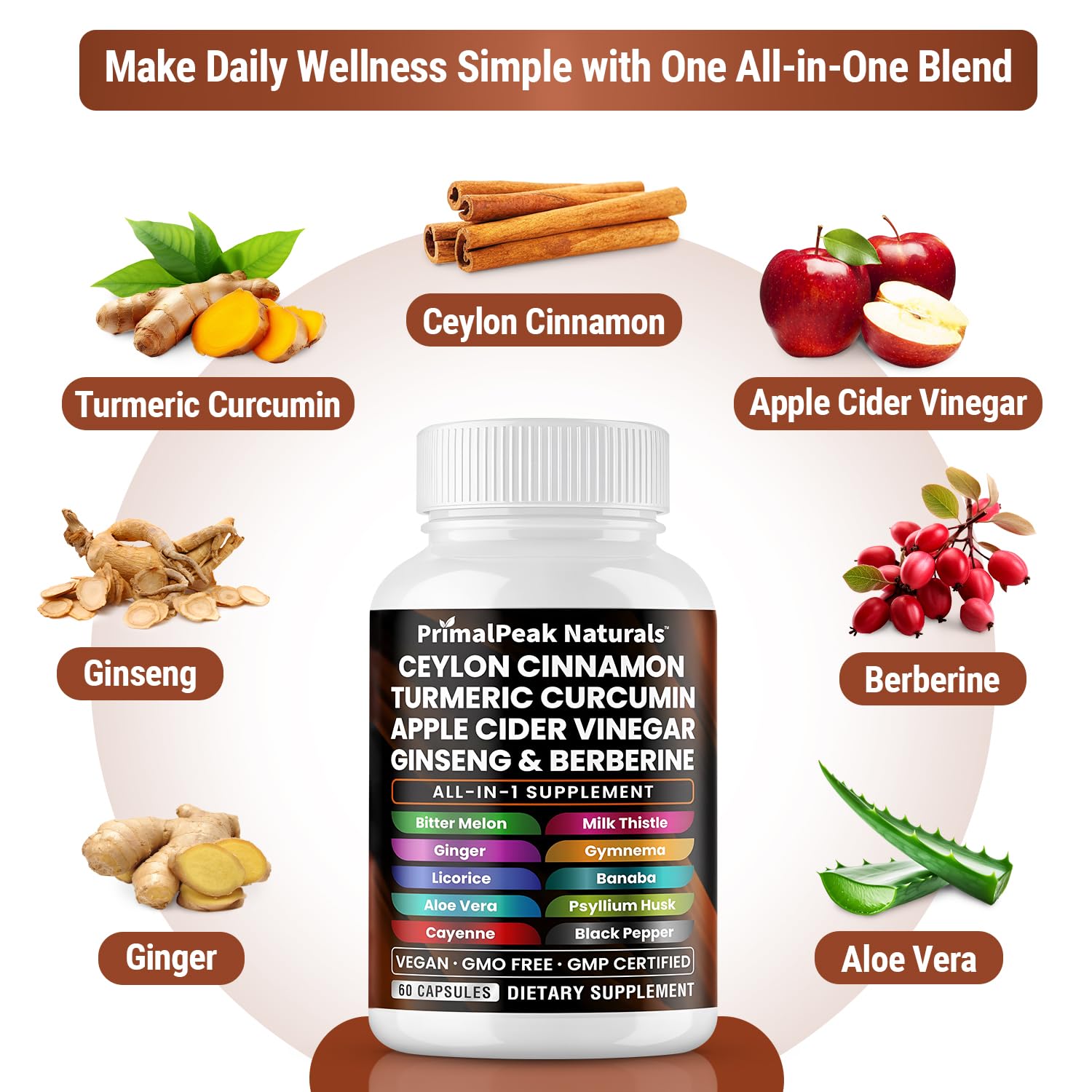PrimalPeak Naturals Ceylon Cinnamon & ACV capsules side view