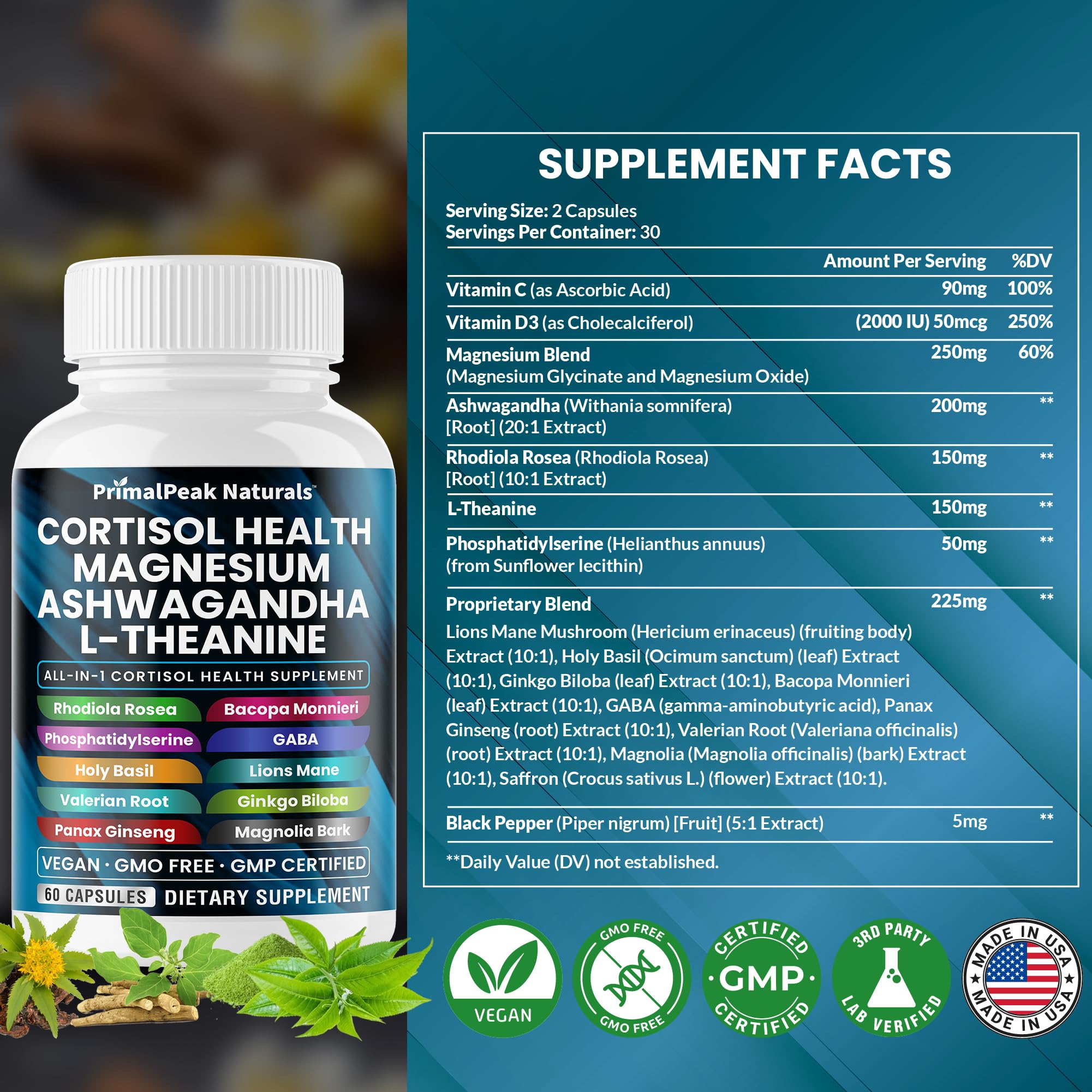 PrimalPeak Naturals Cortisol Supplements bottle side view