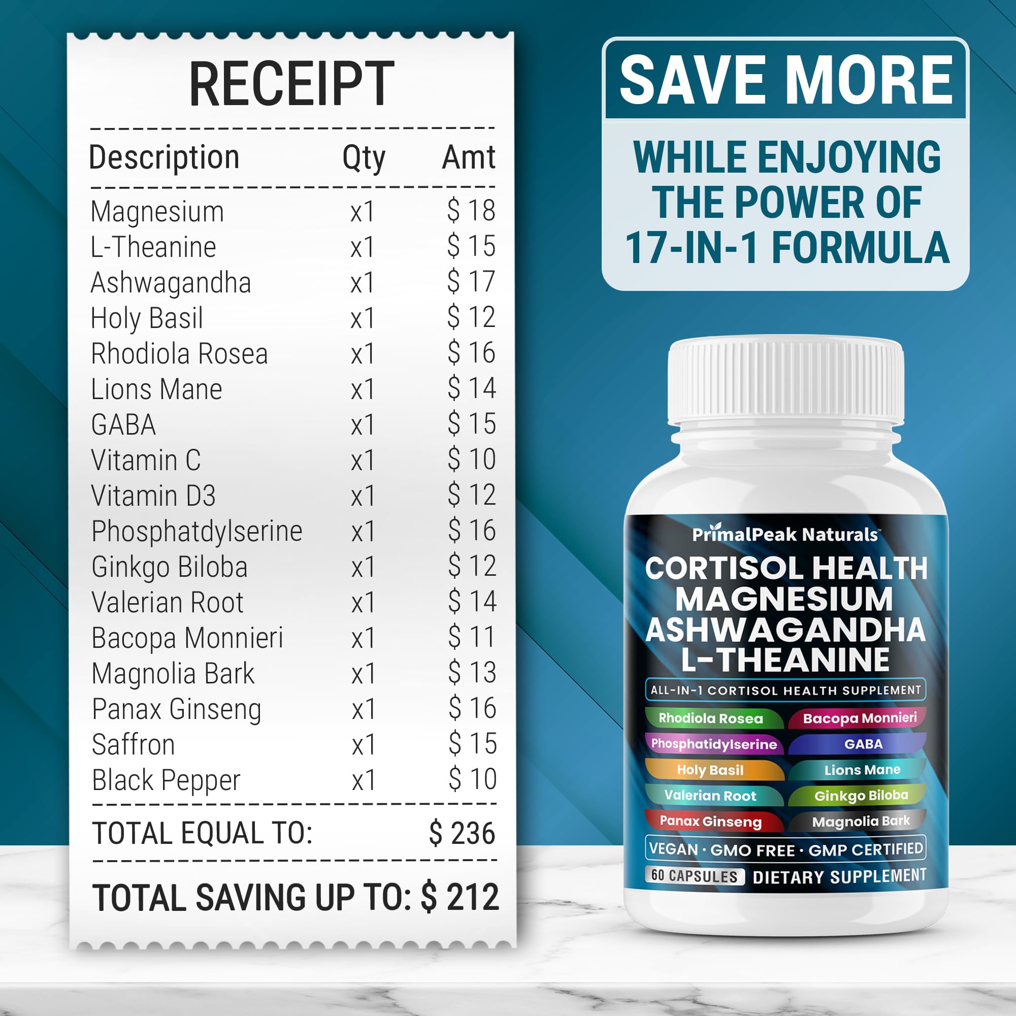 PrimalPeak Naturals Cortisol Supplements with a measuring spoon