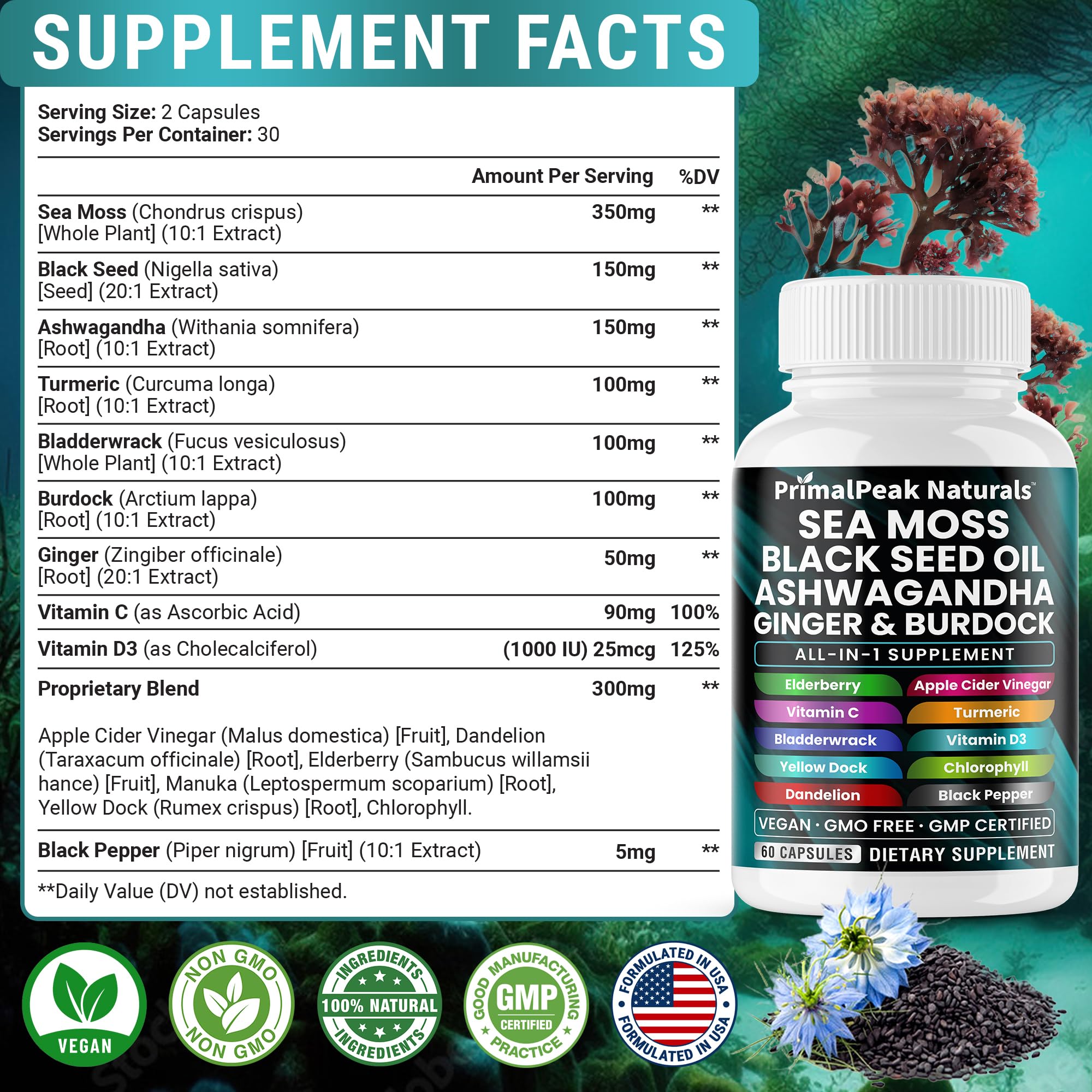 PrimalPeak Naturals Sea Moss Capsules back view with ingredient list