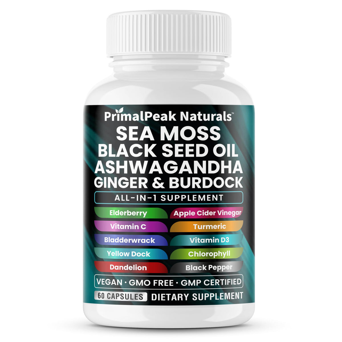 PrimalPeak Naturals Sea Moss Capsules front view with packaging