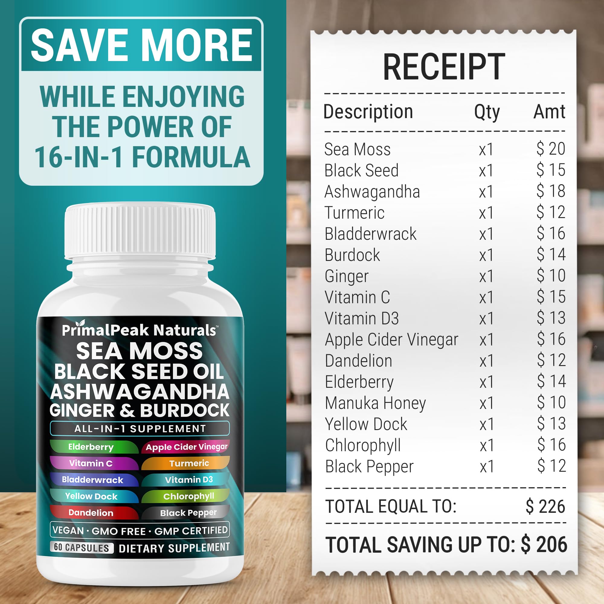 PrimalPeak Naturals Sea Moss Capsules lifestyle image on a kitchen counter
