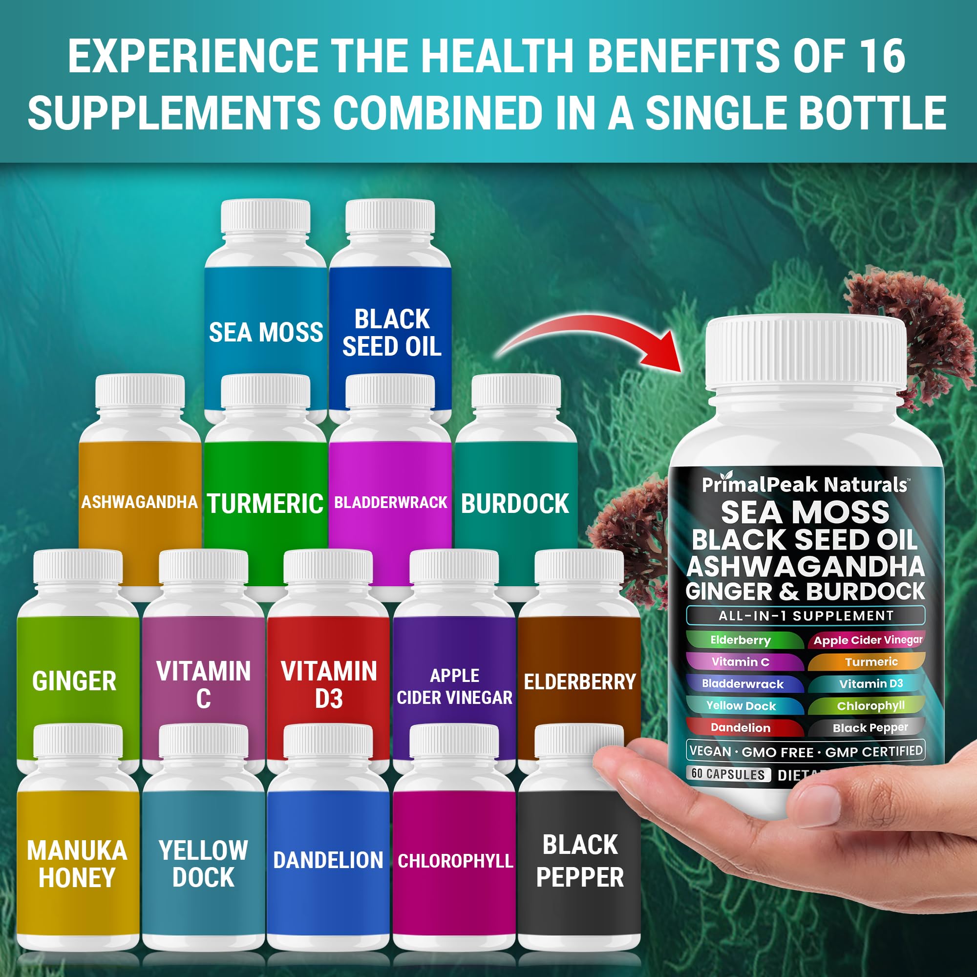 PrimalPeak Naturals Sea Moss Capsules opened bottle showing capsules