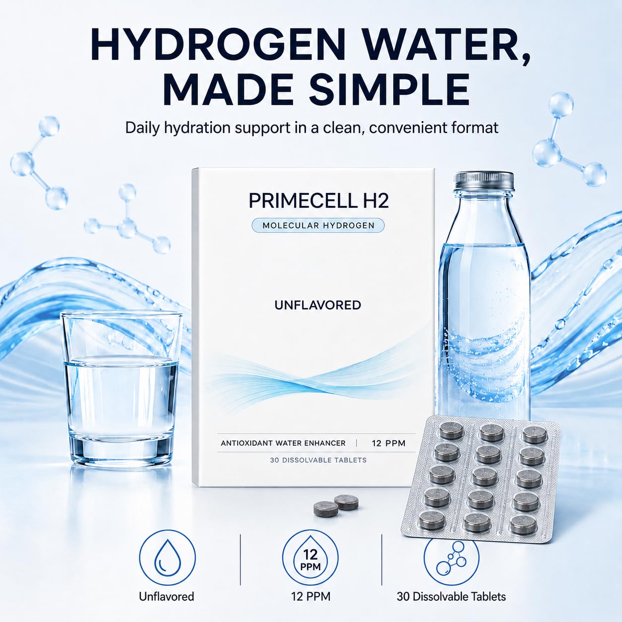 PrimeCell H2 effervescent tablet dissolving in water