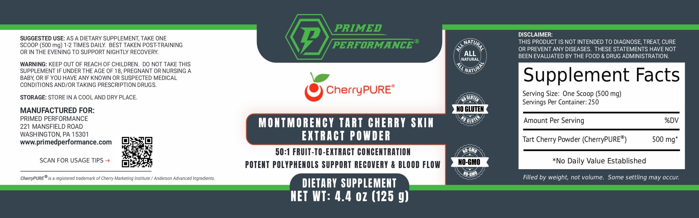 Primed Performance CherryPURE Montmorency Tart Cherry Powder 125g mixed in yogurt