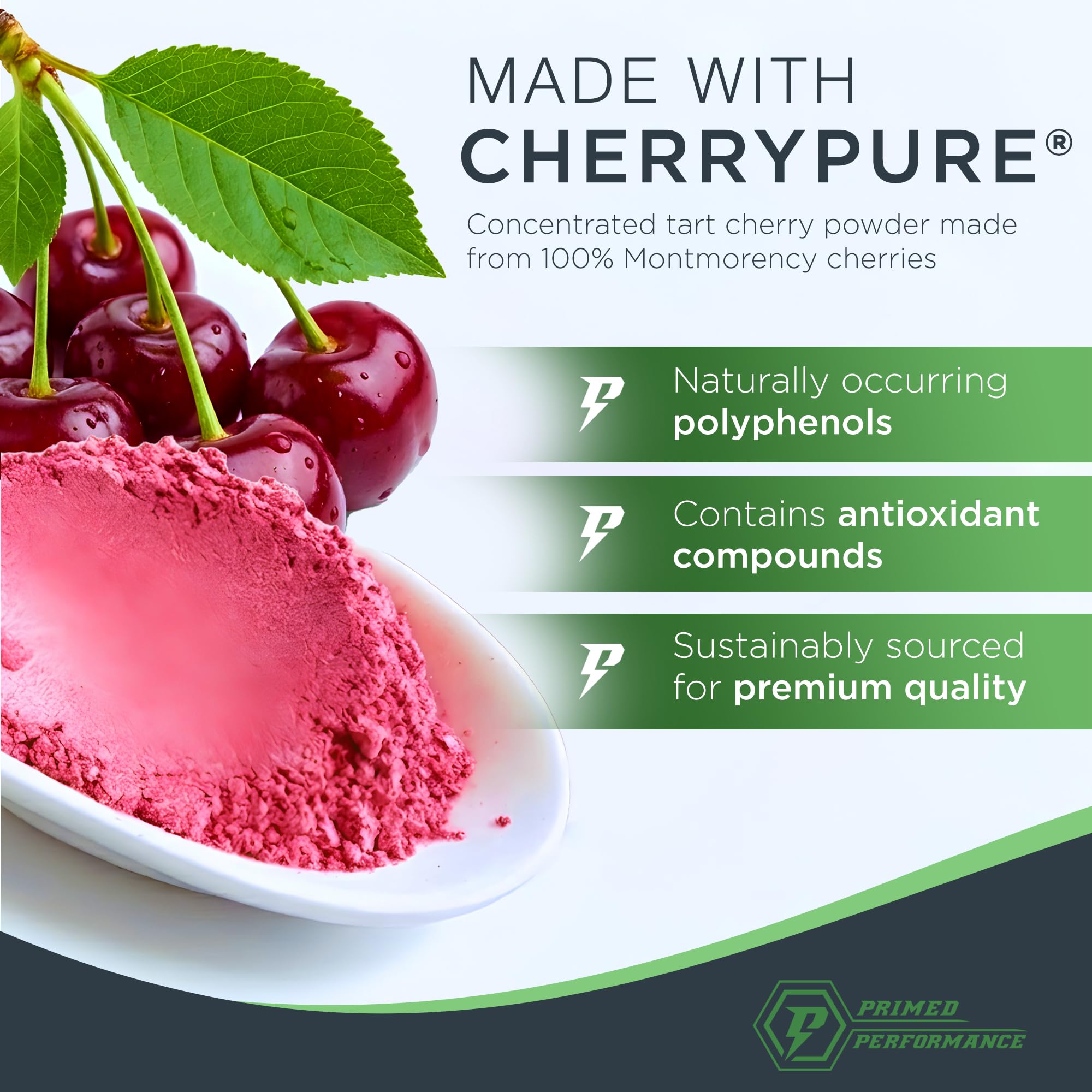 Primed Performance CherryPURE Montmorency Tart Cherry Powder 125g on a kitchen counter