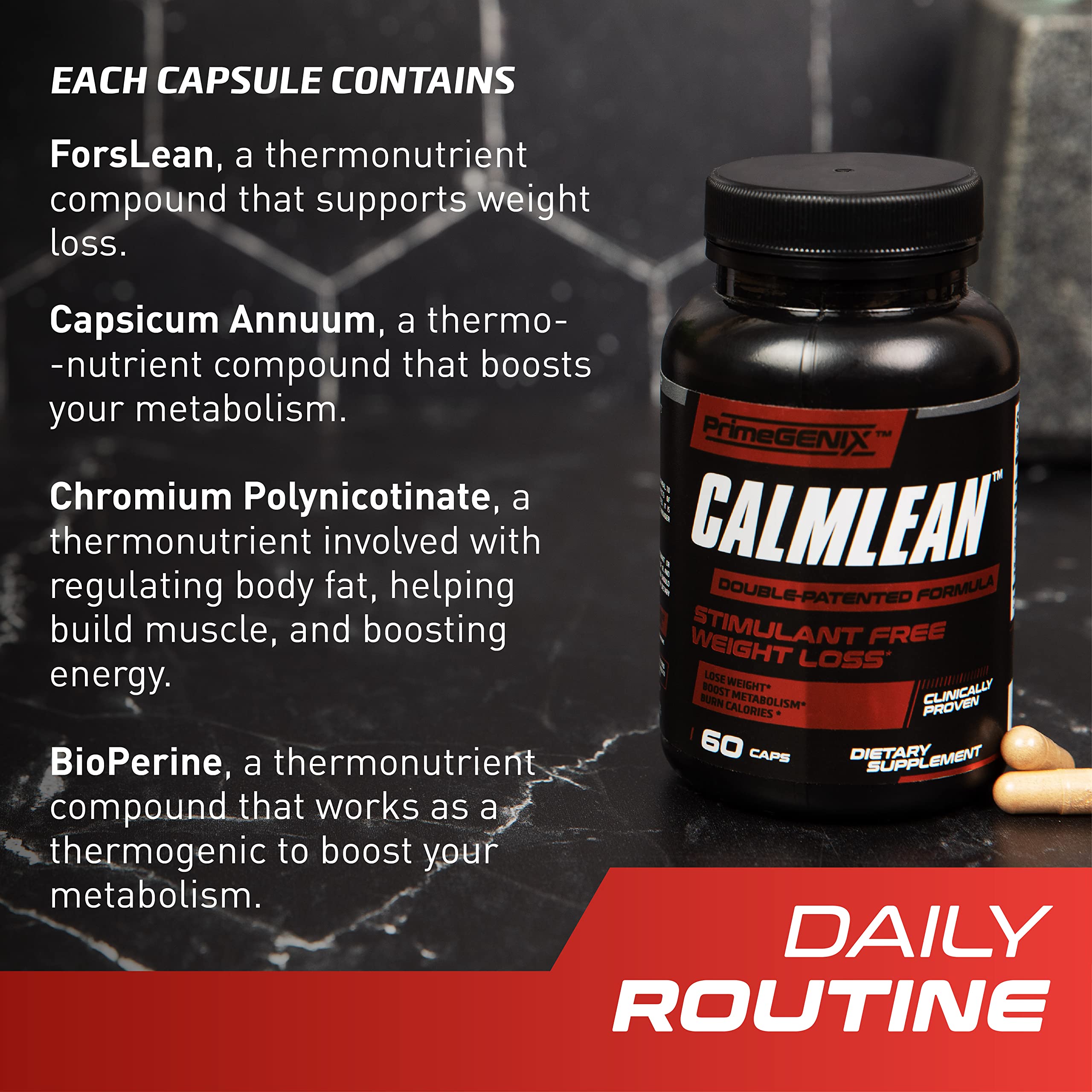 PrimeGENIX CalmLean Stimulant-Free Fat Burner capsule close-up
