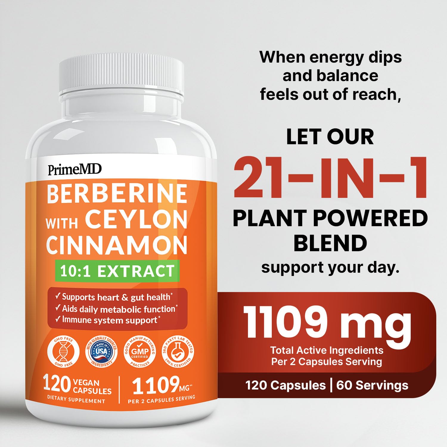 PrimeMD Berberine with Ceylon Cinnamon supplement bottle side view