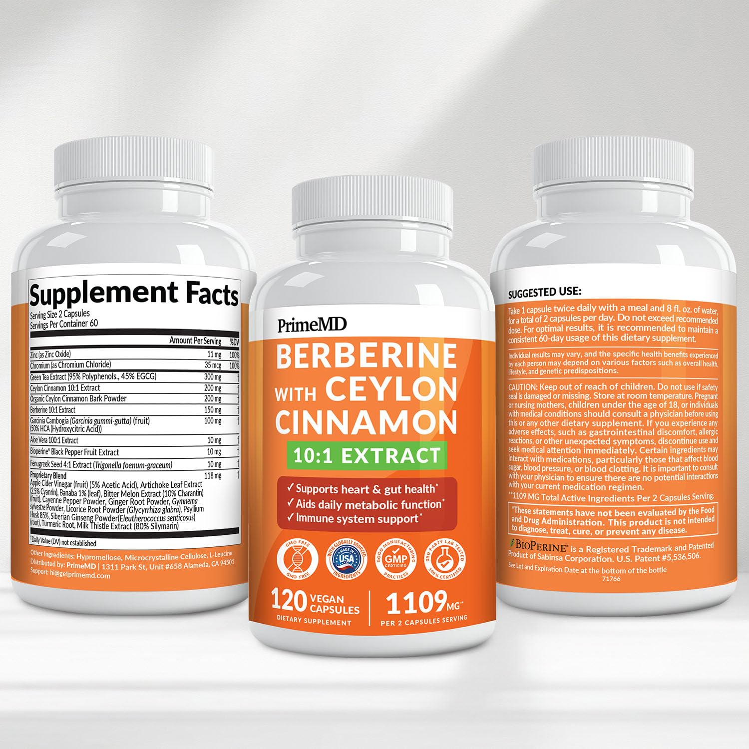 PrimeMD Berberine with Ceylon Cinnamon supplement bottle with natural ingredients