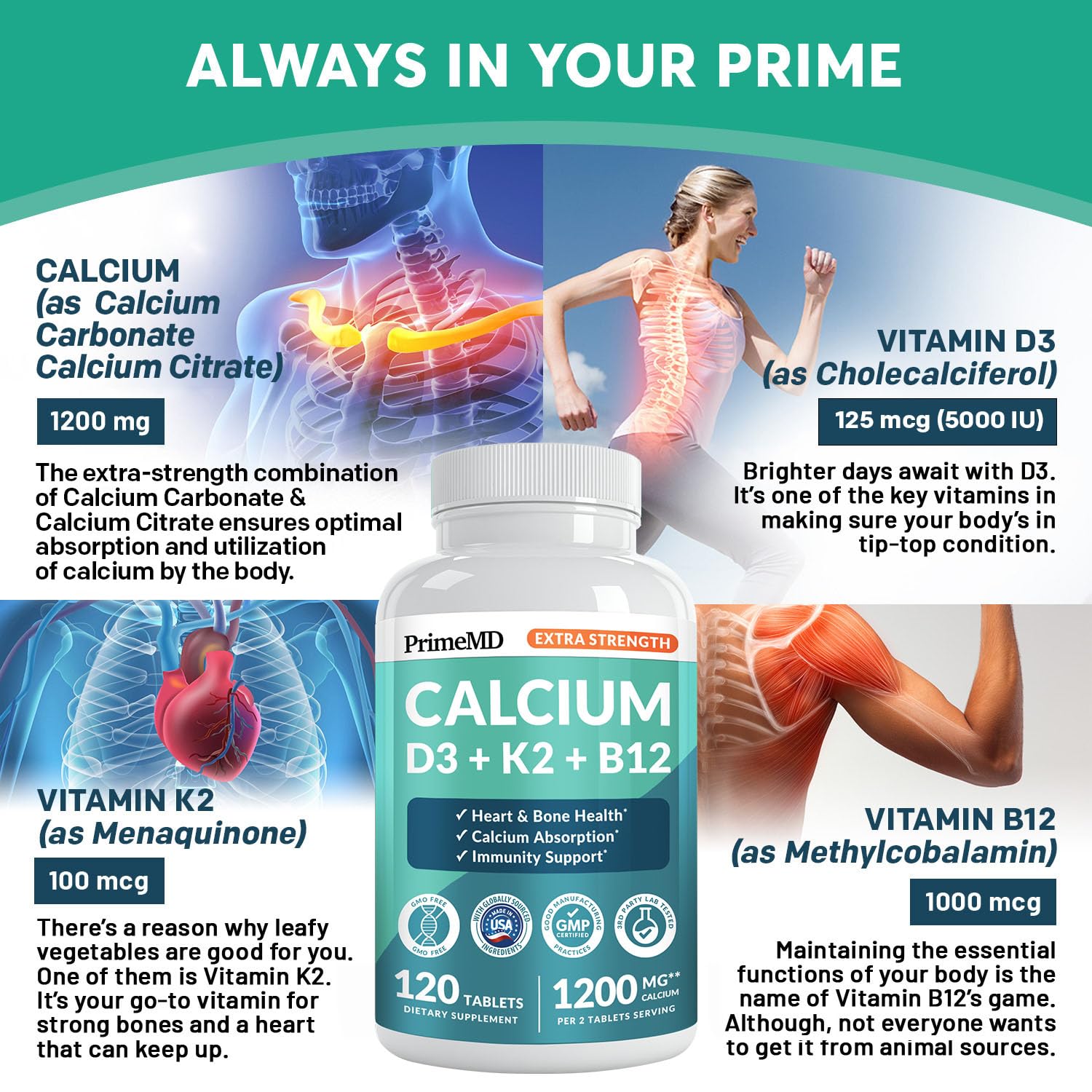 PrimeMD Calcium Supplement 1200mg tablets on a surface