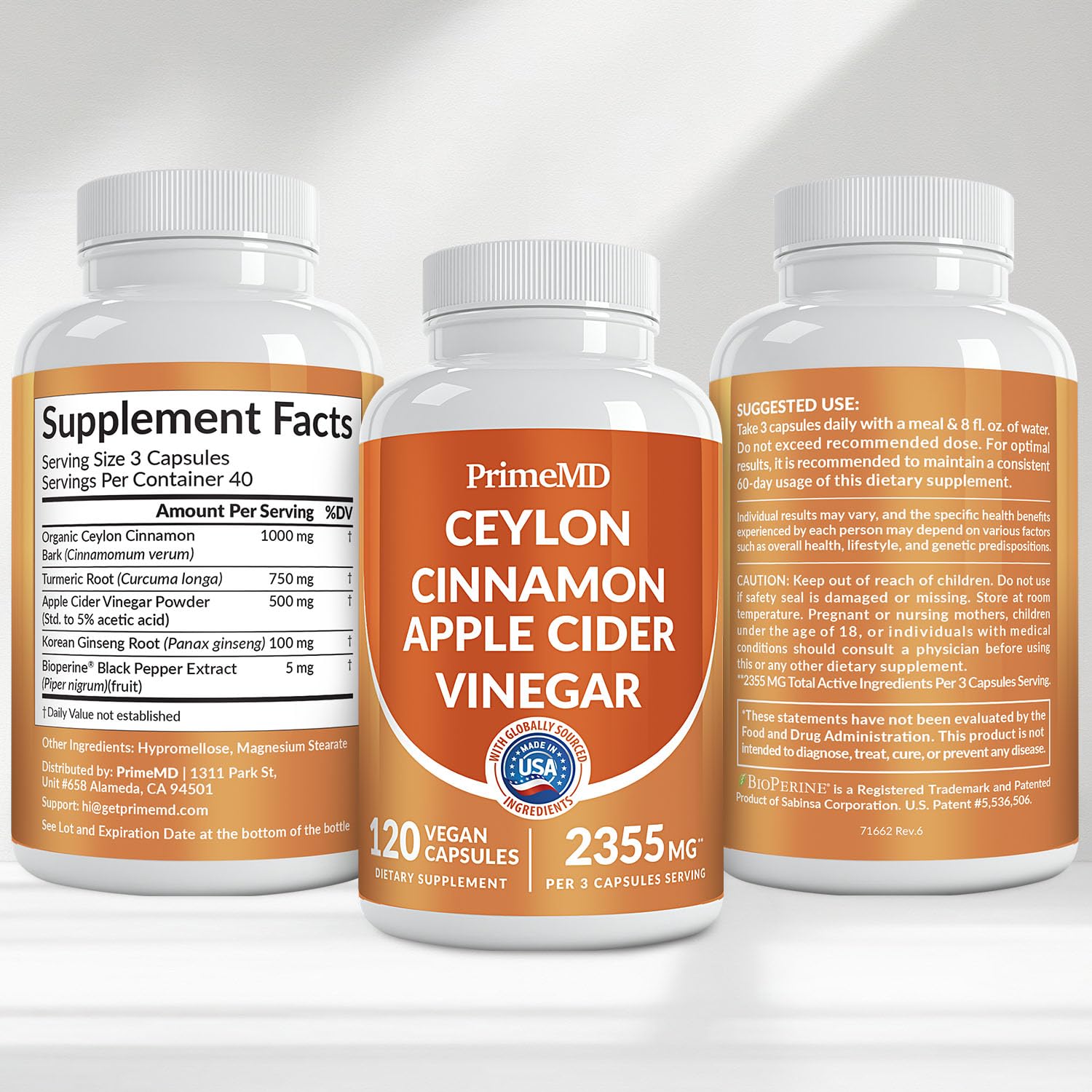 PrimeMD Ceylon Cinnamon Capsules back view with nutritional facts