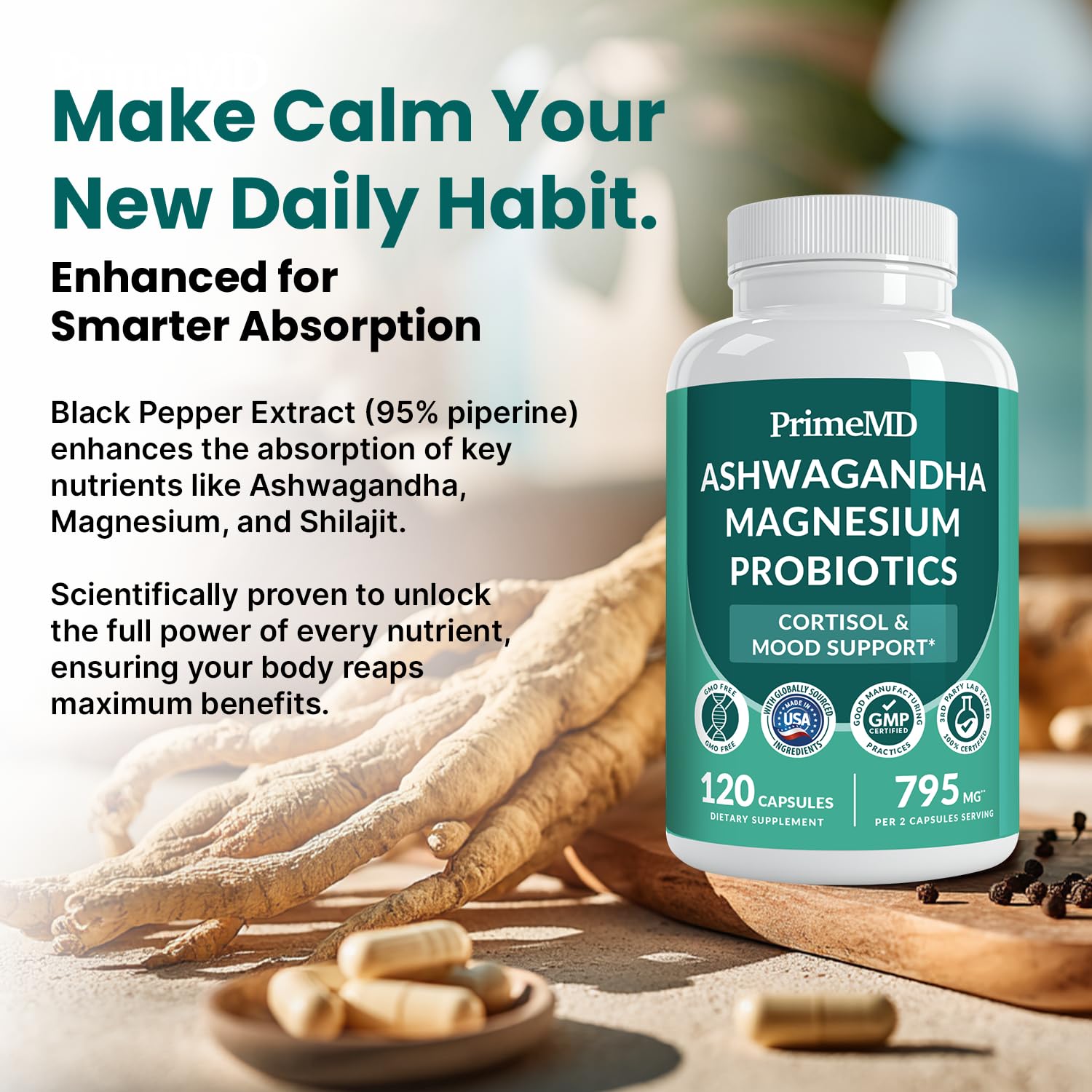 PrimeMD Cortisol Calm Capsules in a hand