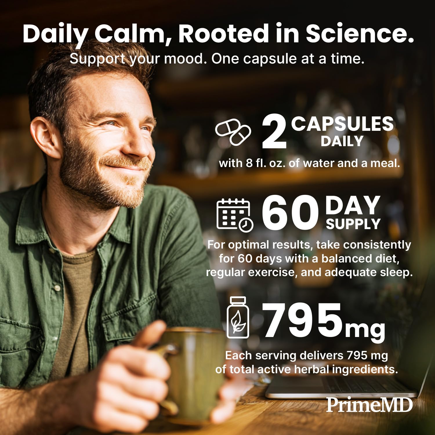 PrimeMD Cortisol Calm Capsules on a kitchen counter