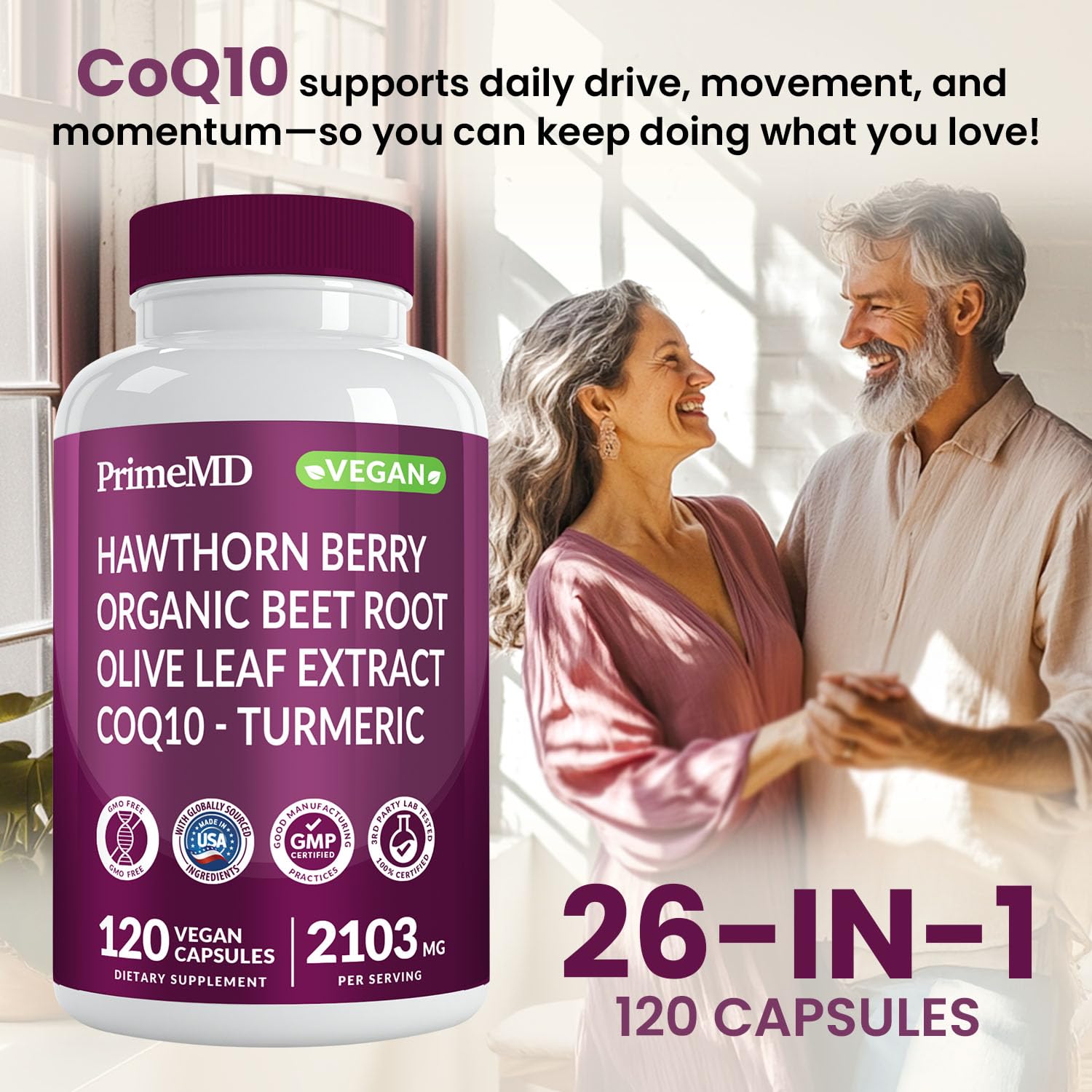 PrimeMD Hawthorn Berry Supplement on a wooden table