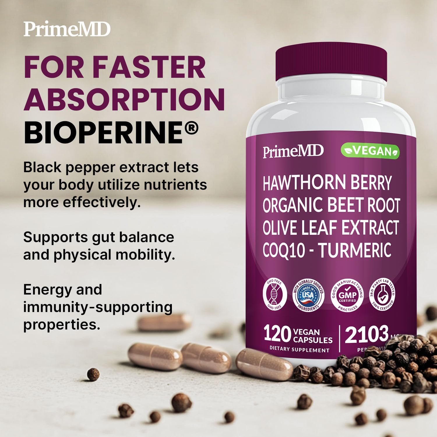 PrimeMD Hawthorn Berry Supplement with a glass of water