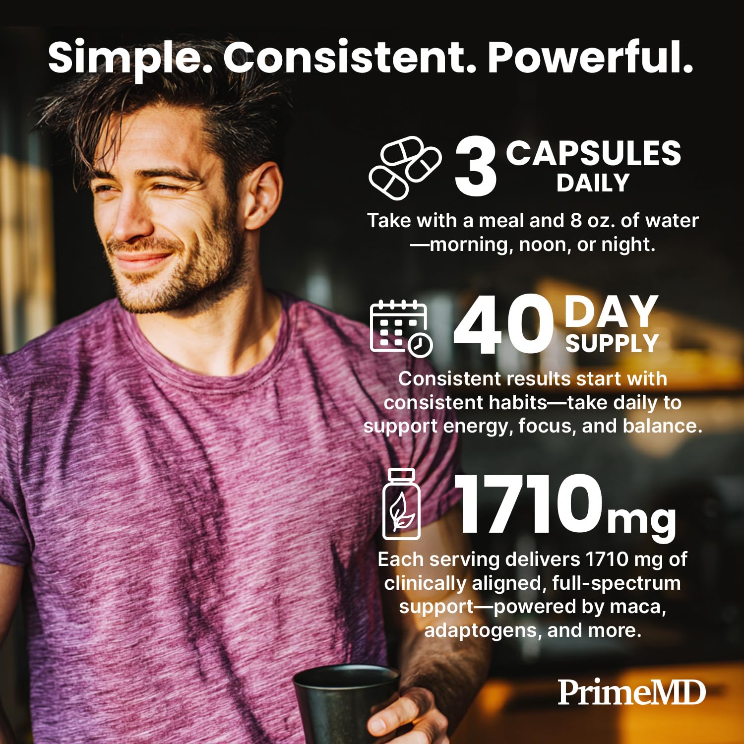 PrimeMD Maca Capsules displayed with a measuring spoon