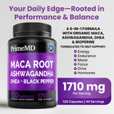 PrimeMD Maca Capsules showing side view with dosage details