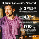 PrimeMD Maca Root Capsules back view with dosage information