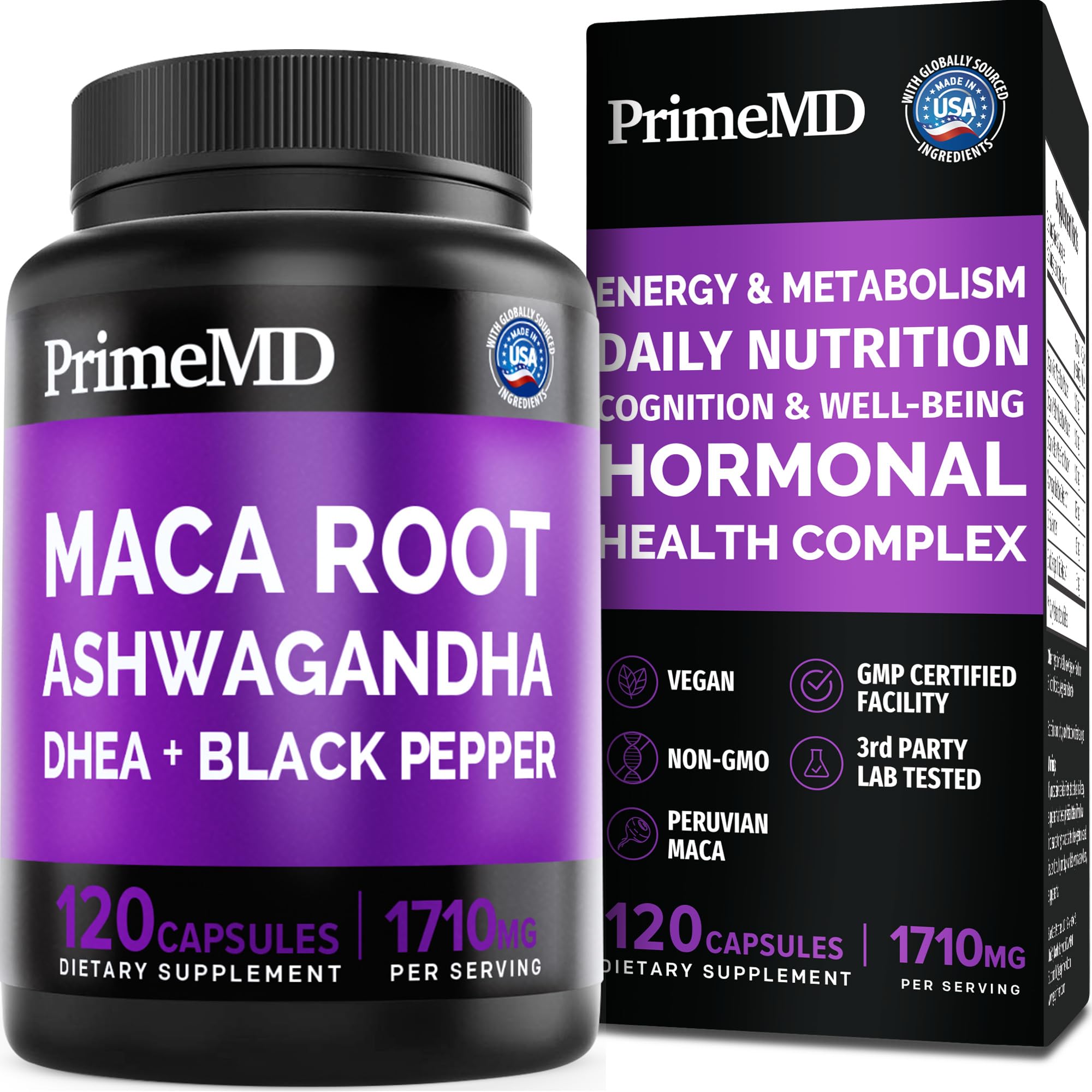PrimeMD Maca Root Capsules front view with packaging