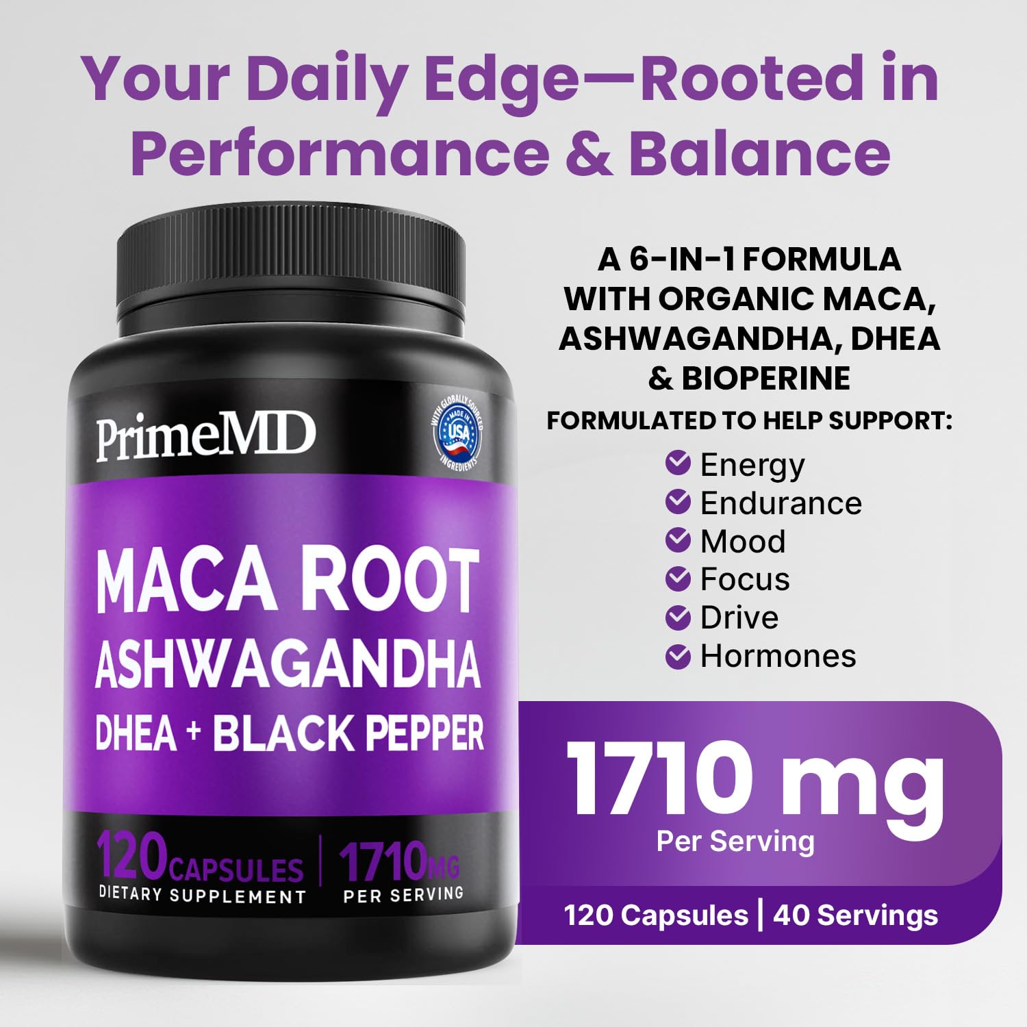 PrimeMD Maca Root Capsules side view showing supplement facts
