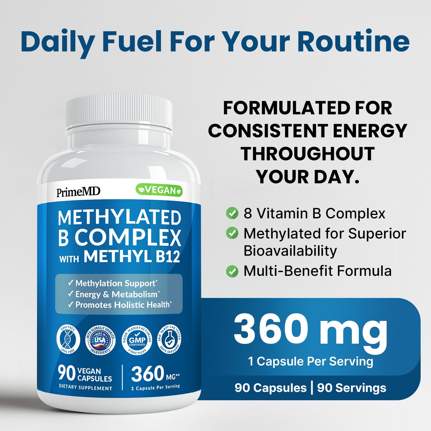 PrimeMD Methylated B Complex Capsules side view showing label