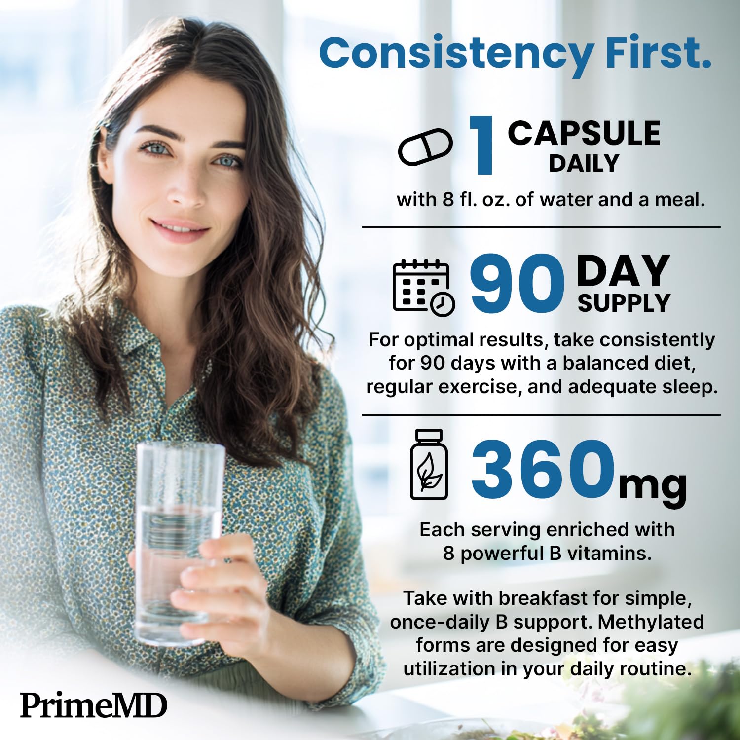 PrimeMD Methylated B Complex Capsules with a glass of water