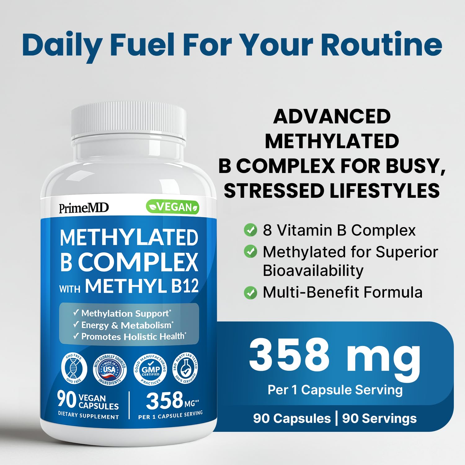 PrimeMD Methylated B Complex Supplement 360mg side view
