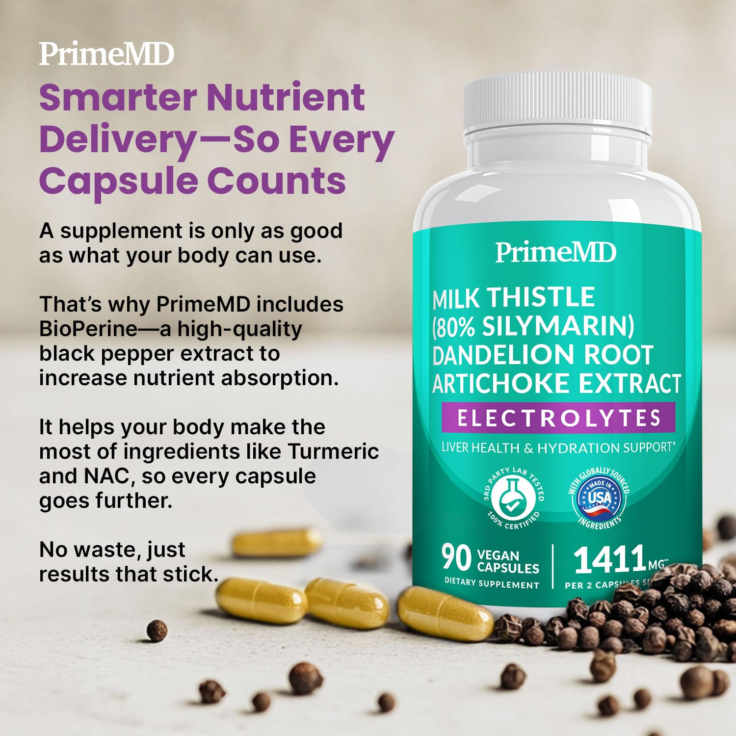 PrimeMD Milk Thistle supplement bottle on a wooden table