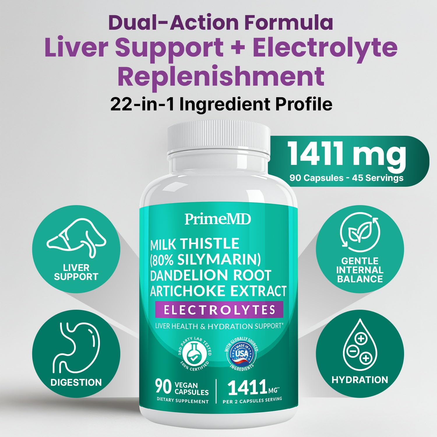 PrimeMD Milk Thistle supplement bottle with 90 vegan capsules