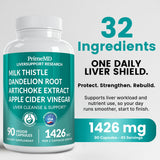 PrimeMD Milk Thistle supplement capsules on a table