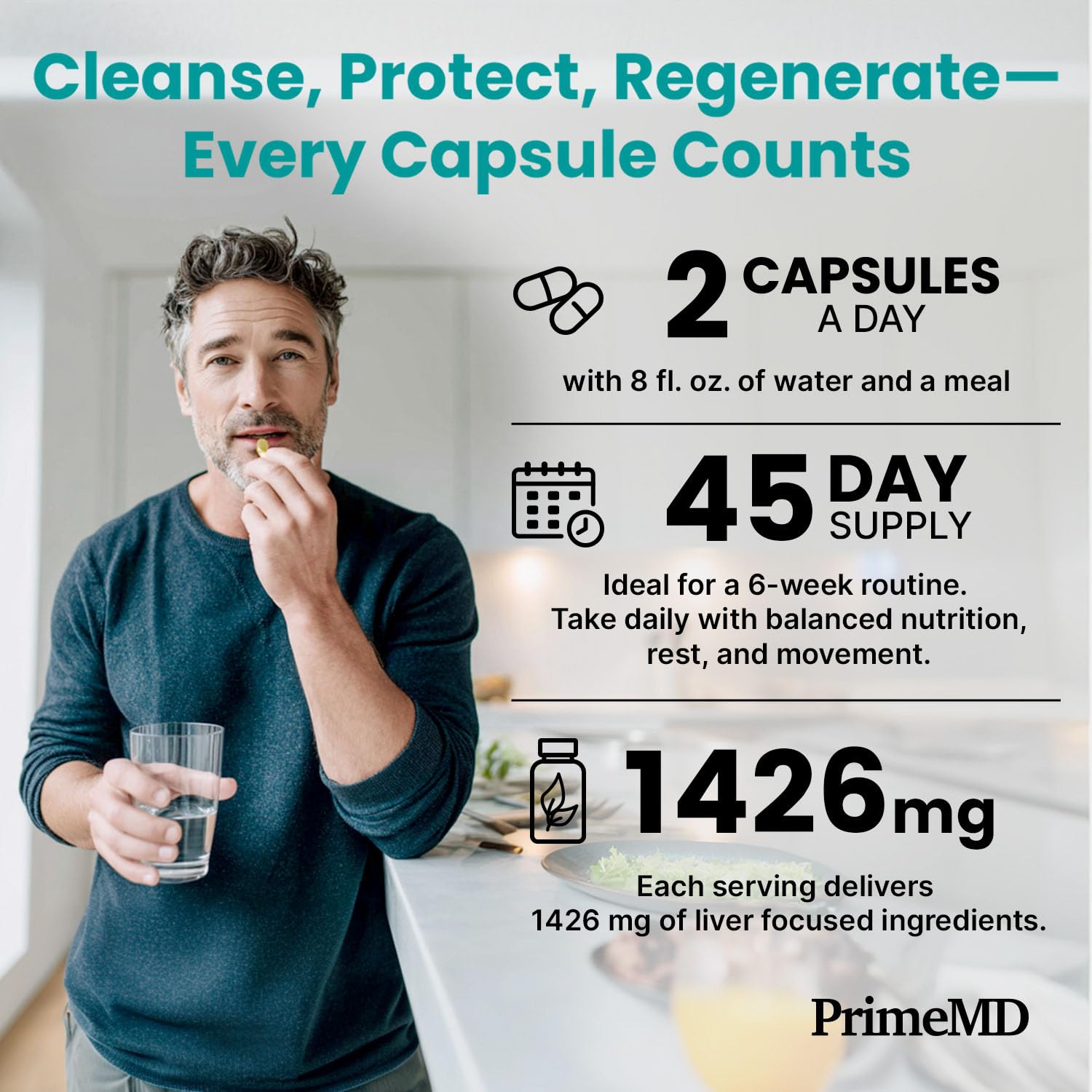 PrimeMD Milk Thistle supplement with glass of water