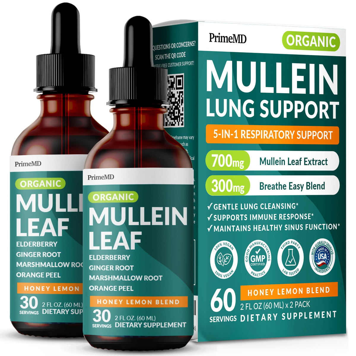 PrimeMD Mullein Leaf Drops 60ml front view with honey-lemon label
