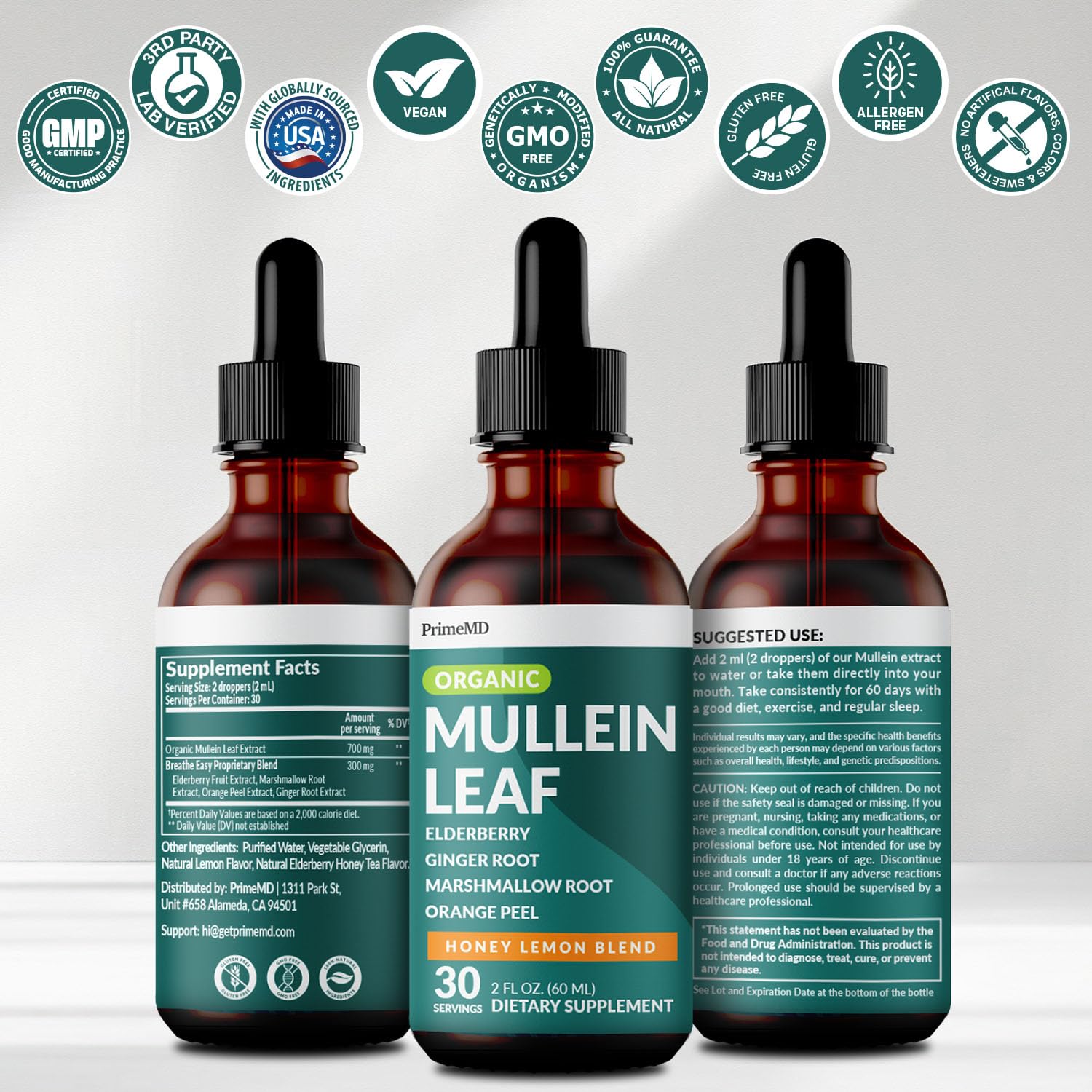 PrimeMD Mullein Leaf Drops 60ml packaging with ingredients visible