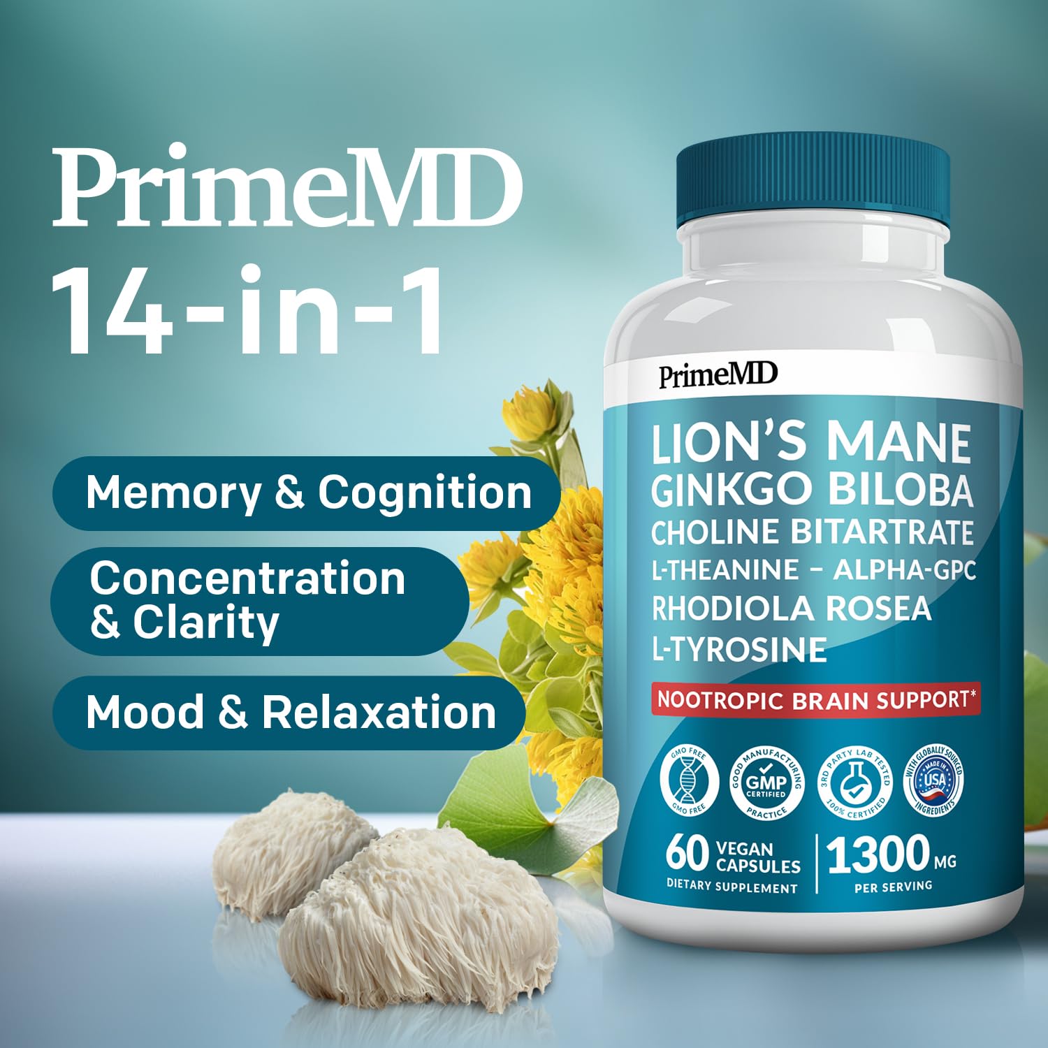 PrimeMD Nootropics Brain Supplement back view with ingredients