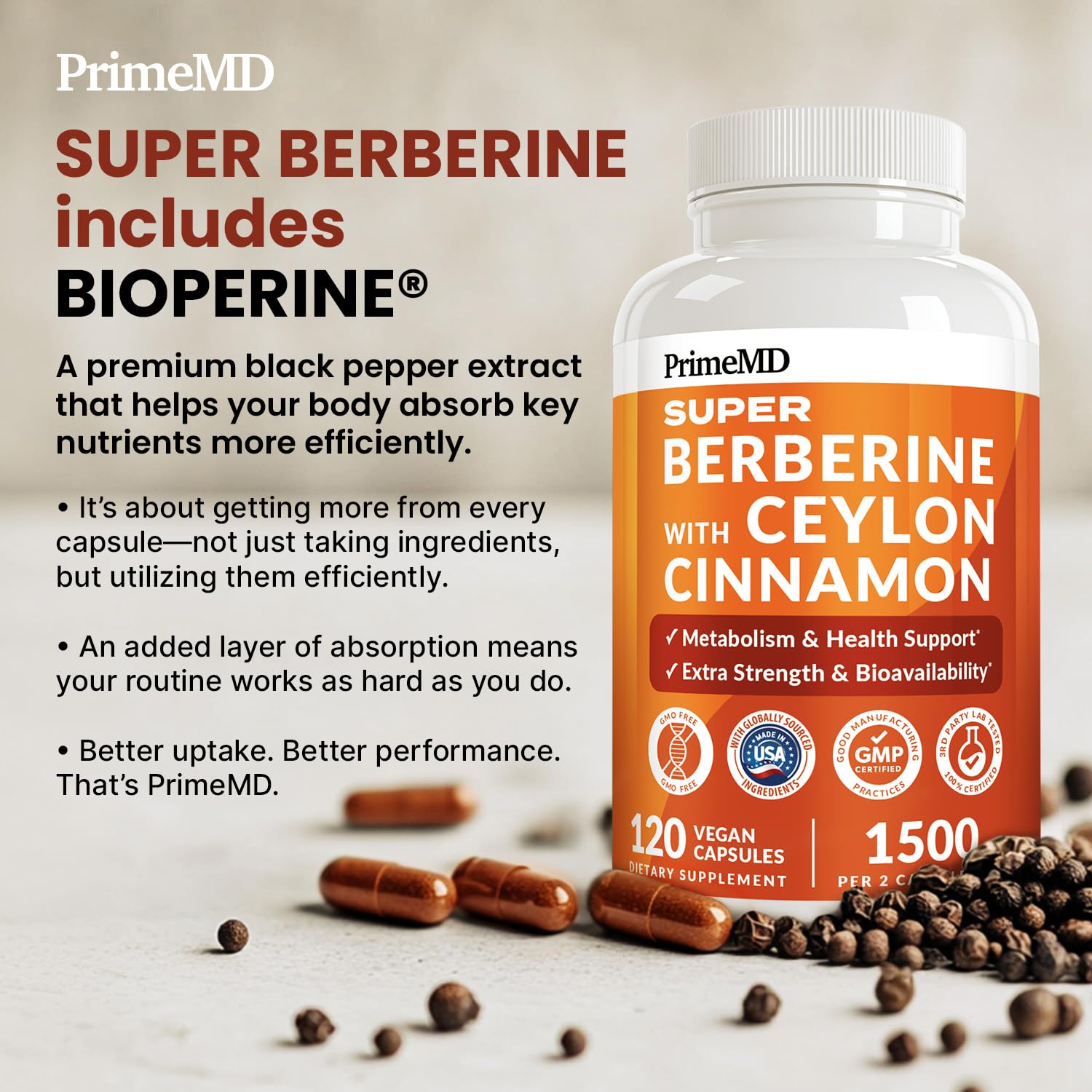 PrimeMD Super Berberine 1500 mg capsules on a kitchen counter