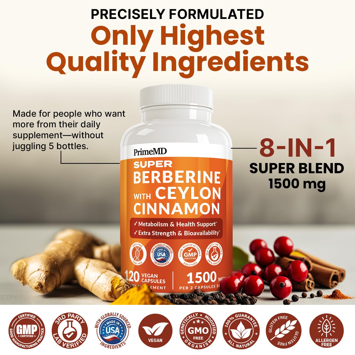 PrimeMD Super Berberine 1500 mg capsules on a table