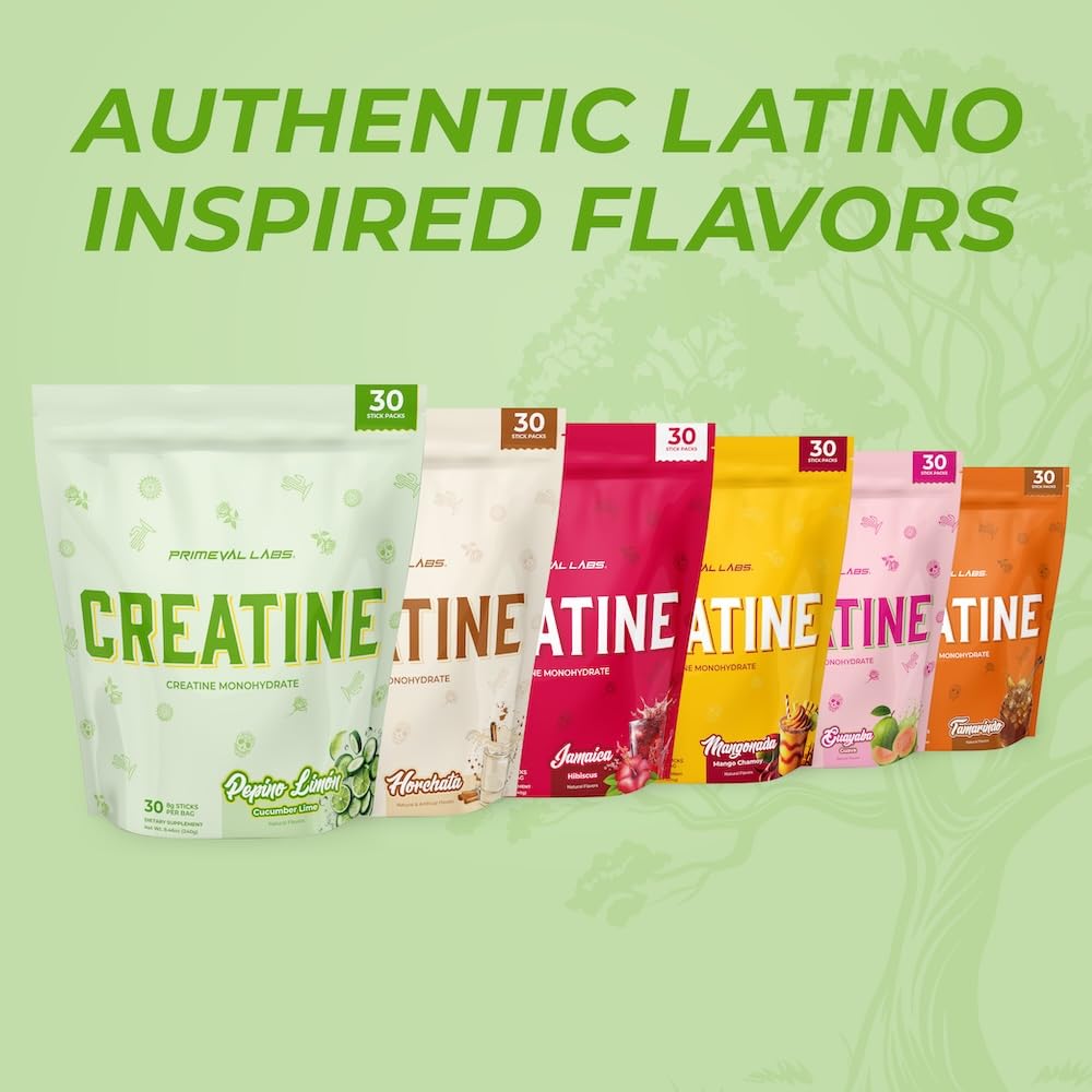 Primeval Labs Flavored Creatine Powder with gym equipment