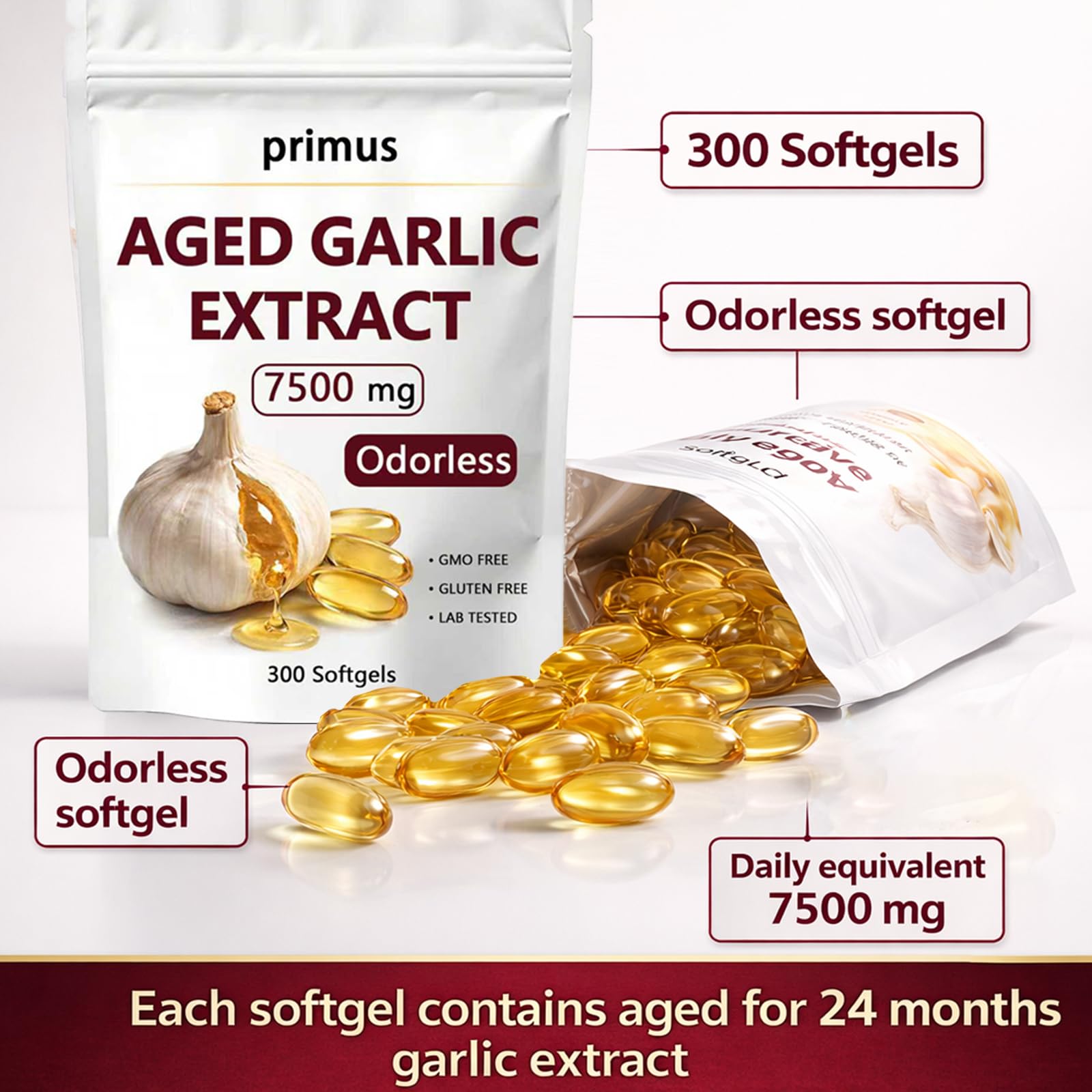 primus Odorless Aged Garlic Extract Softgels with dosage information