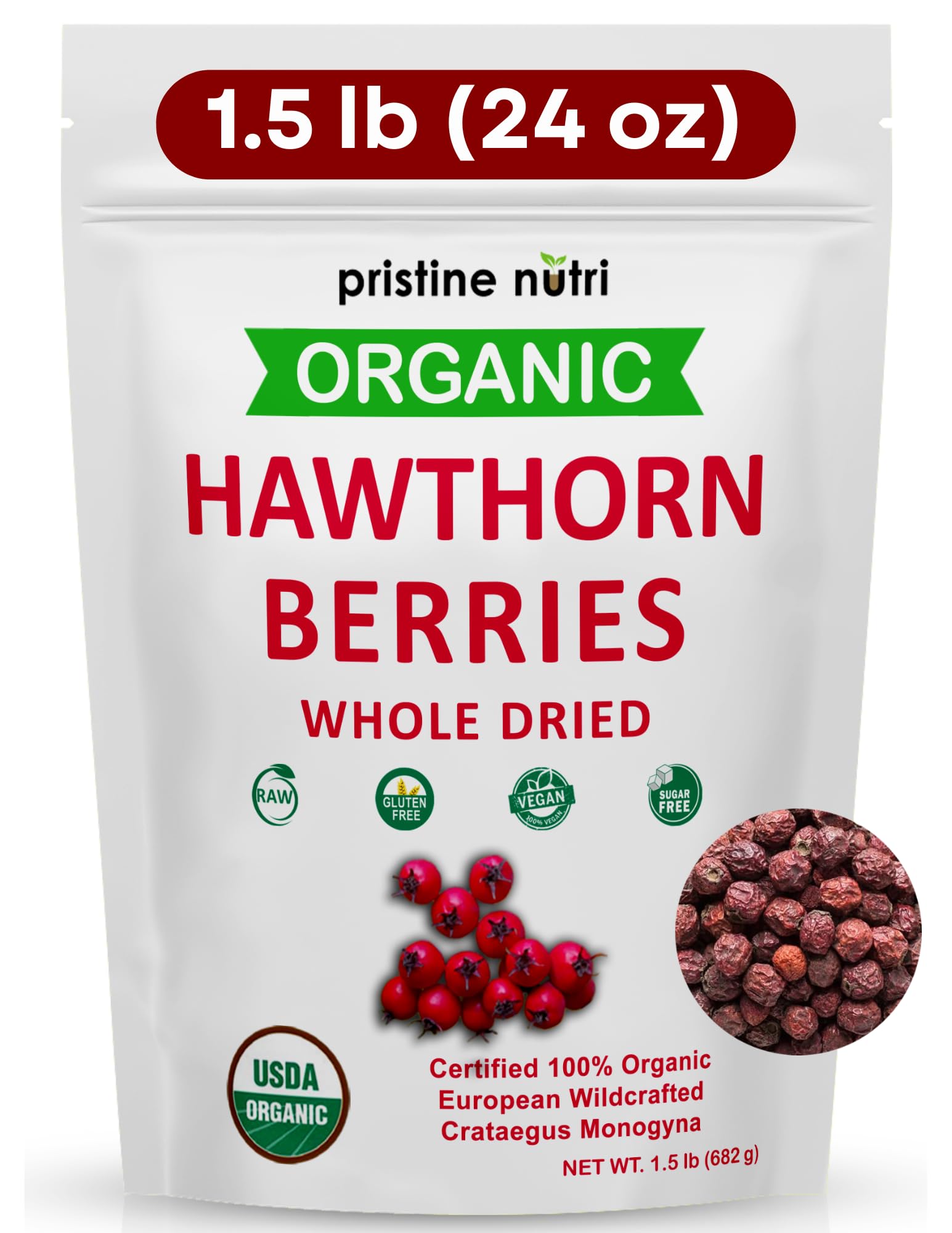Pristine Nutri Organic Dried Hawthorn Berries 1.5 lbs front view